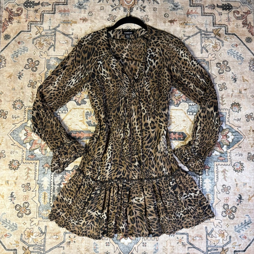 Y2K Bebe Leopard Long Sleeve Ruffle Mini Dress Brown Animal Print XS France 00s